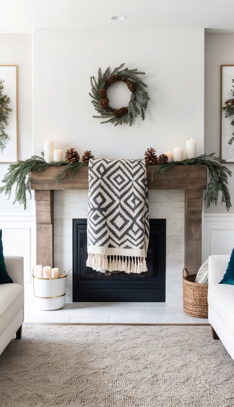 A geometric patterned throw draped over a rustic mantel adorned with winter decor, including candles, pinecones, and greenery