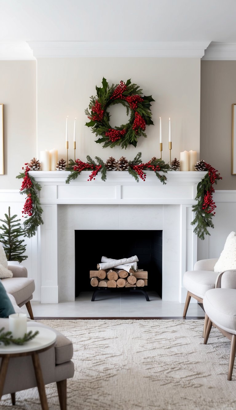 A winter mantel adorned with holly berry garlands, candles, and snowy pine cones, creating a cozy and elegant atmosphere