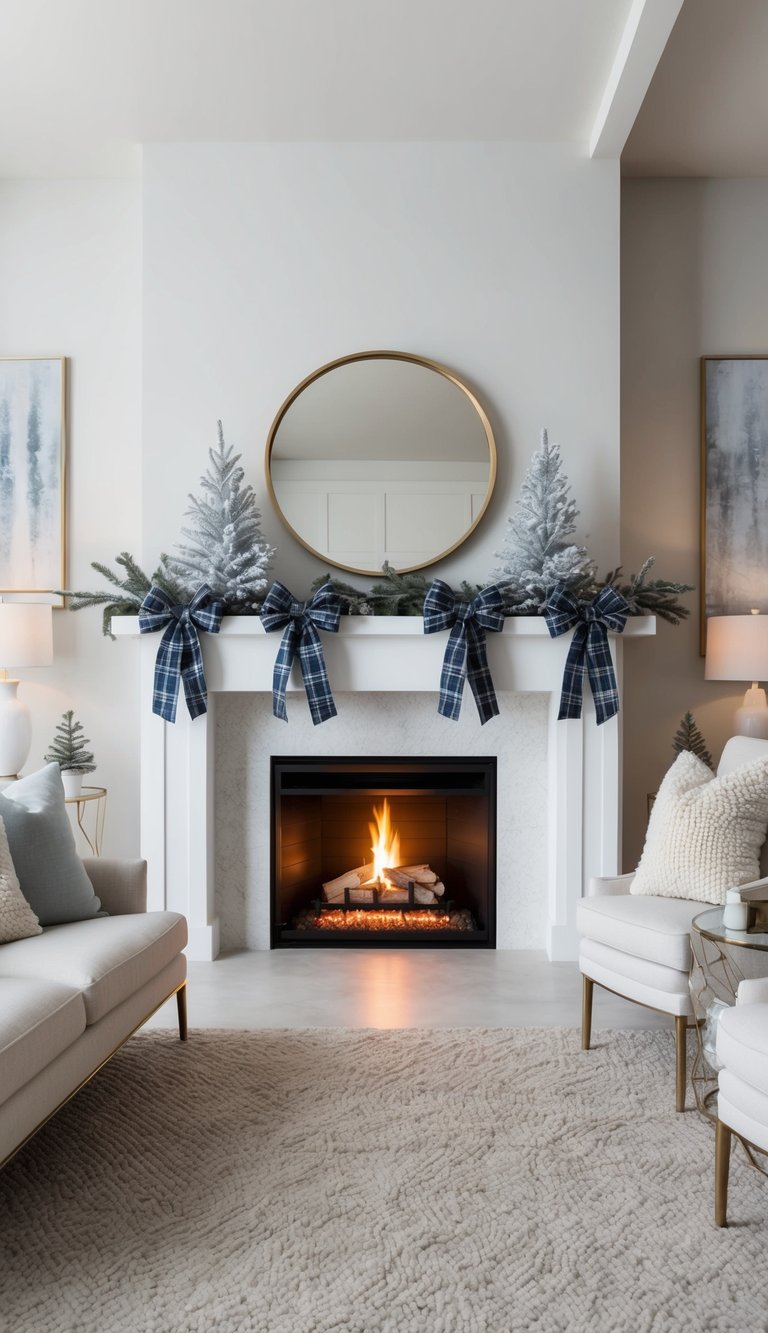 A crackling fire warms a winter mantel adorned with plaid ribbon accents, surrounded by icy tones and cozy textures for a touch of elegant coziness