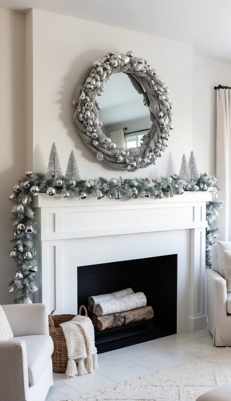 A winter mantel adorned with a shimmering silver bell garland and cozy textures, evoking a sense of icy elegance and warmth