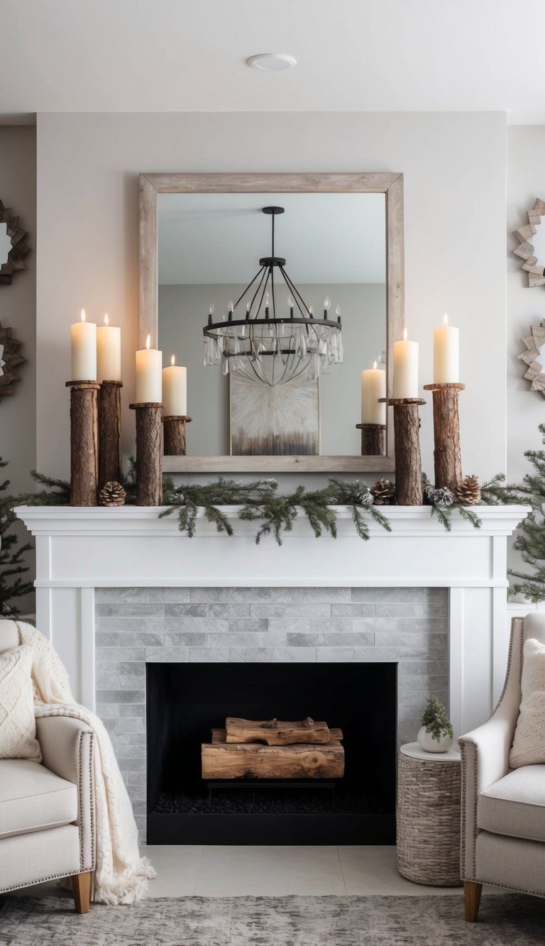 Rustic log candle holders sit on a winter mantel, surrounded by icy tones and cozy textures for a cozy and elegant atmosphere