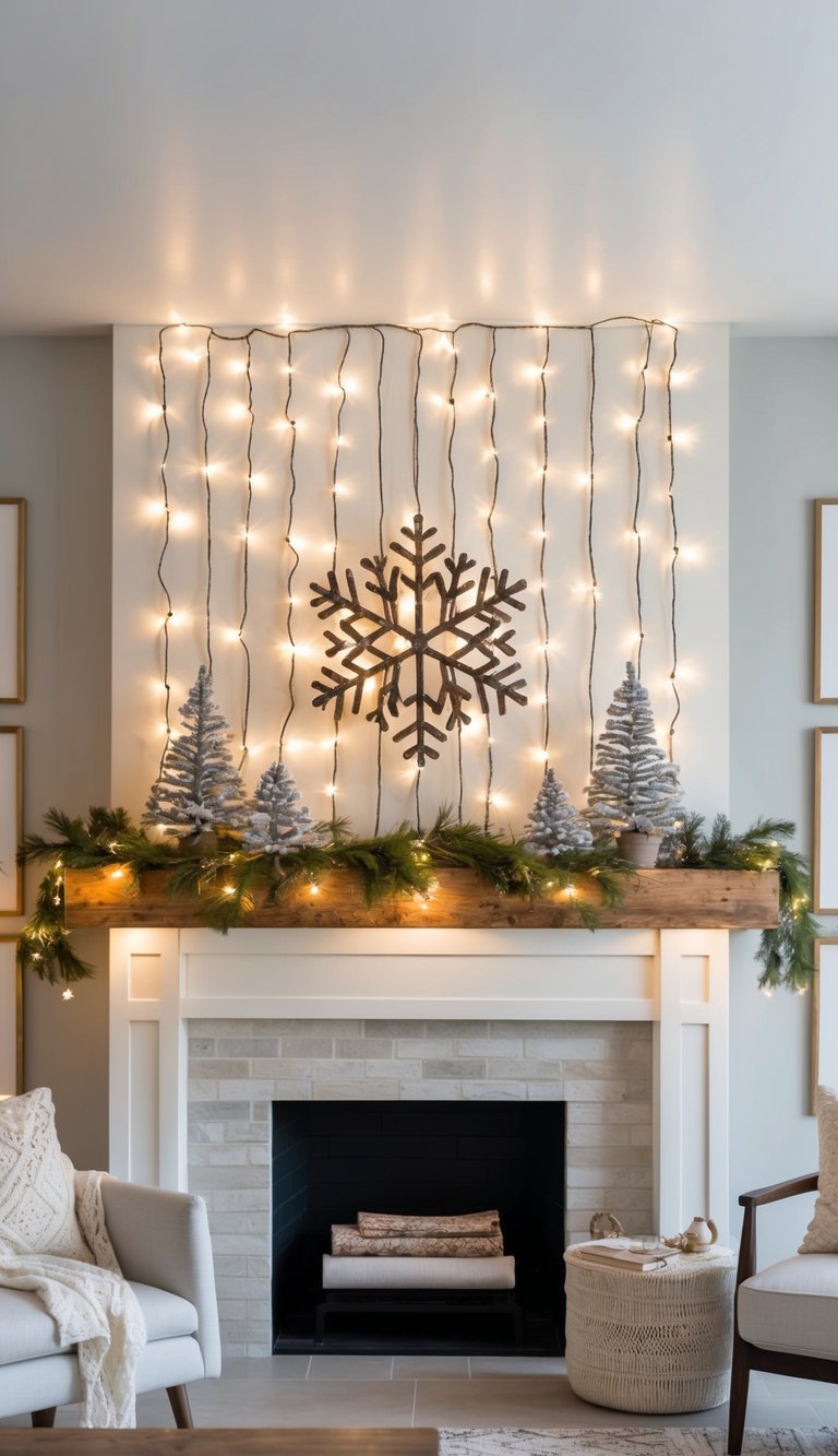 Snowflake string lights drape over a rustic mantel adorned with wintry decor, creating a cozy and elegant ambiance