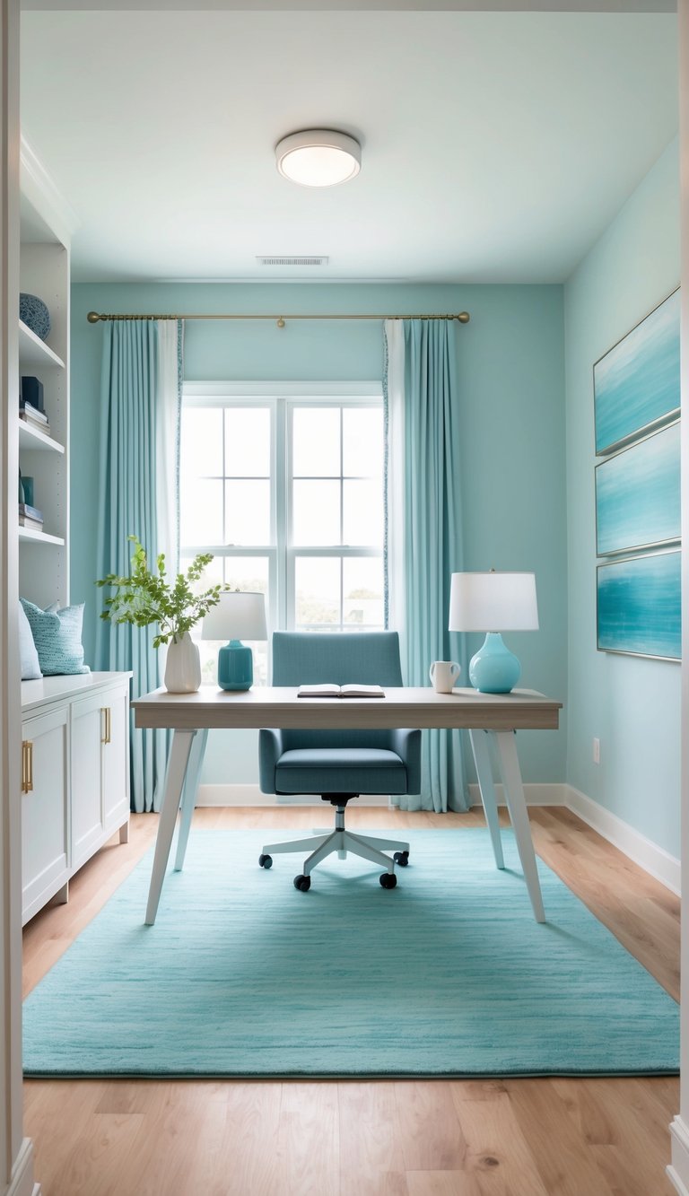 A soft aqua area rug sits in a serene home office, surrounded by shades of blue decor for a calming workspace