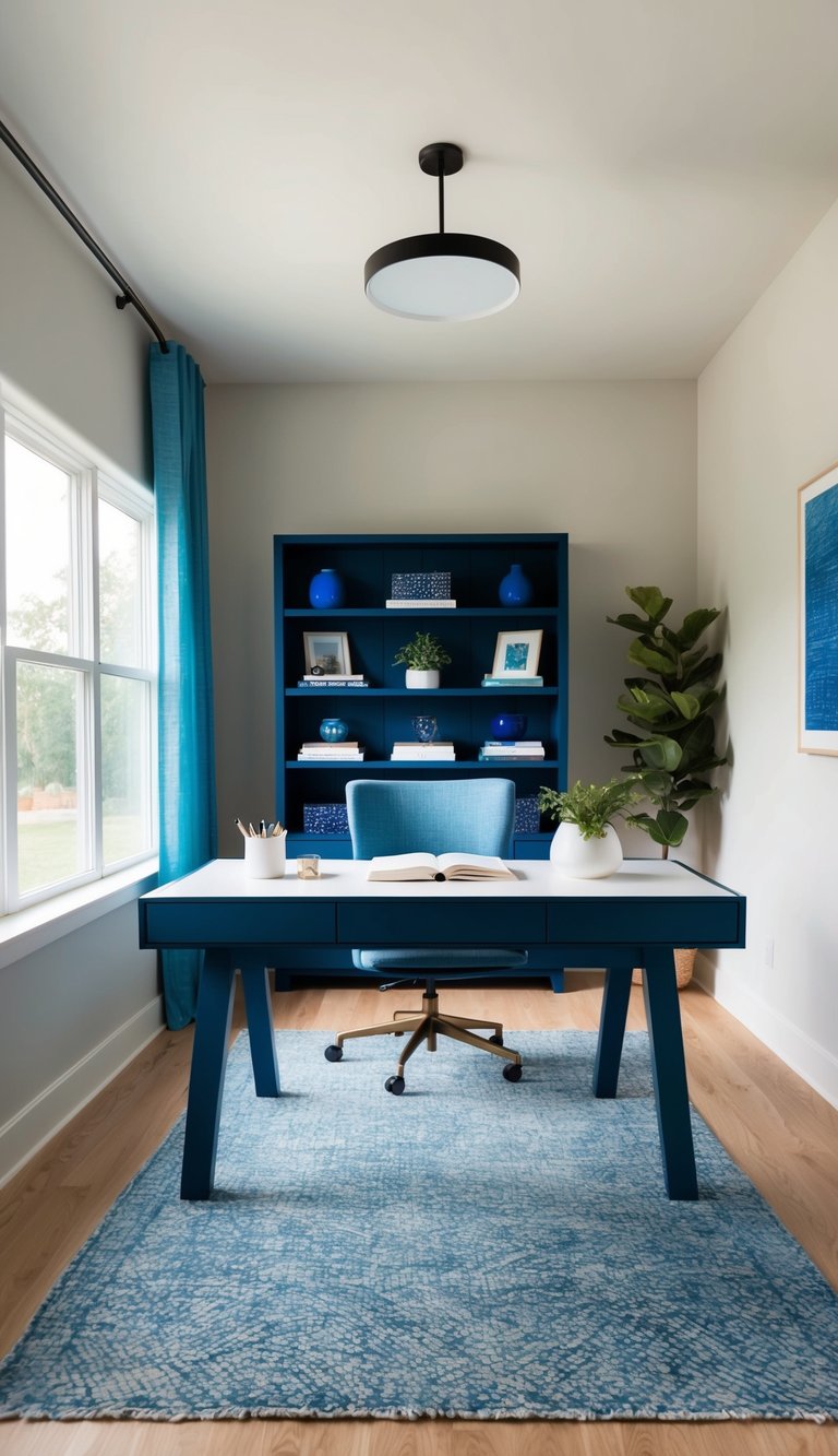 A cozy home office with an indigo bookshelf and various blue decor, creating a calming workspace