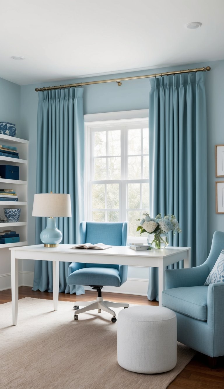 Baby blue curtains frame a serene home office with various shades of blue decor
