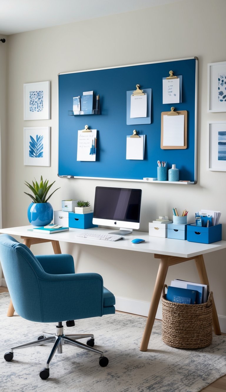 A cobalt blue board with various shades of blue decor and office supplies arranged in a calming home office setting