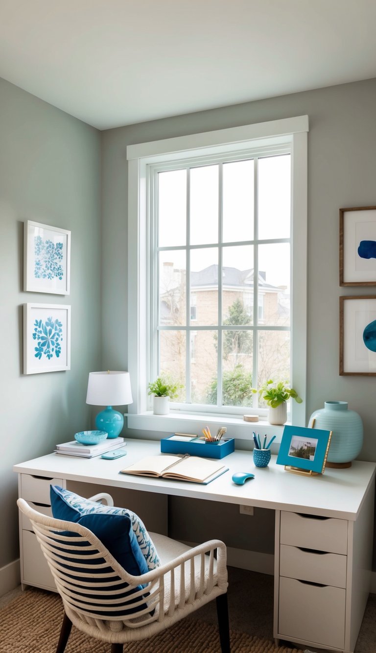 A cozy home office with periwinkle notebook, blue desk accessories, and calming decor