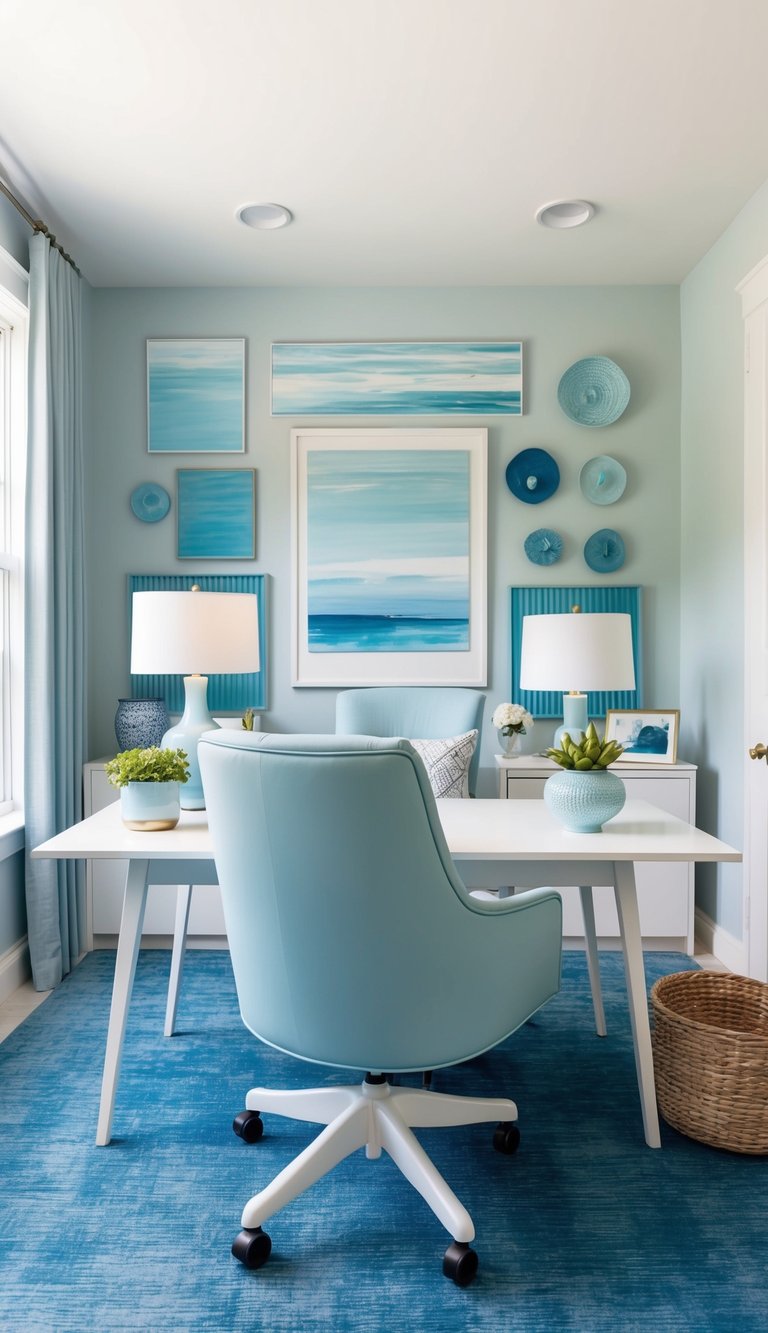A powder blue desk chair sits in a serene home office, surrounded by various shades of calming blue decor and accents