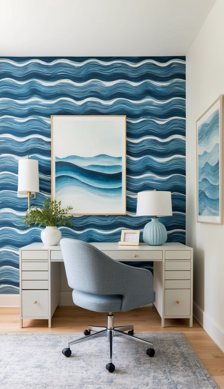 A serene home office with blue wave wallpaper, a cozy desk, and calming decor