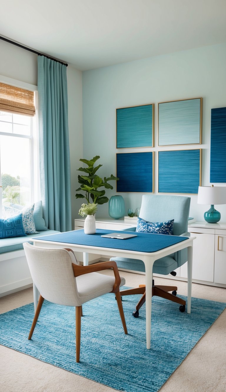 A serene home office with a Pacific Blue table mat, featuring various shades of blue decor creating a calming workspace
