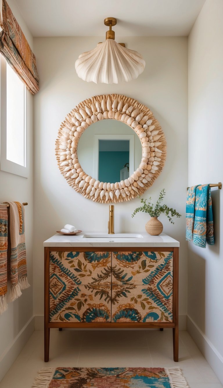 A seashell mirror hangs above a boho bathroom vanity, adorned with vibrant patterns and earthy tones for an eclectic vibe