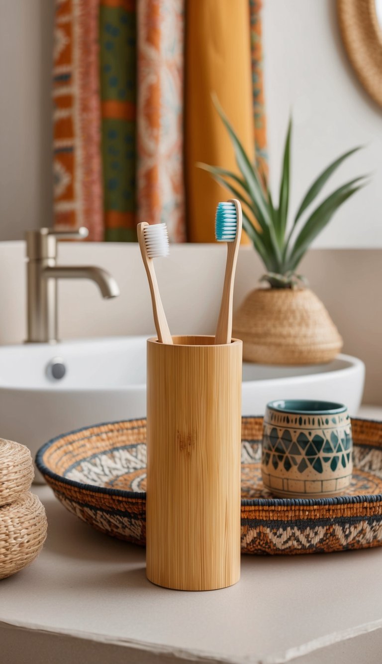 A bamboo toothbrush holder surrounded by vibrant patterns and earthy tones in a boho bathroom setting