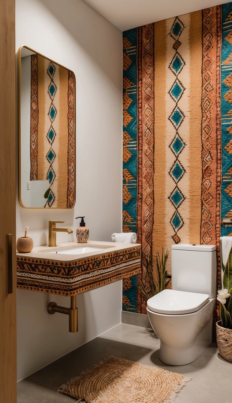 A boho bathroom scene with an artisan soap dispenser, vibrant patterns, earthy tones, and unique decor creating an eclectic vibe