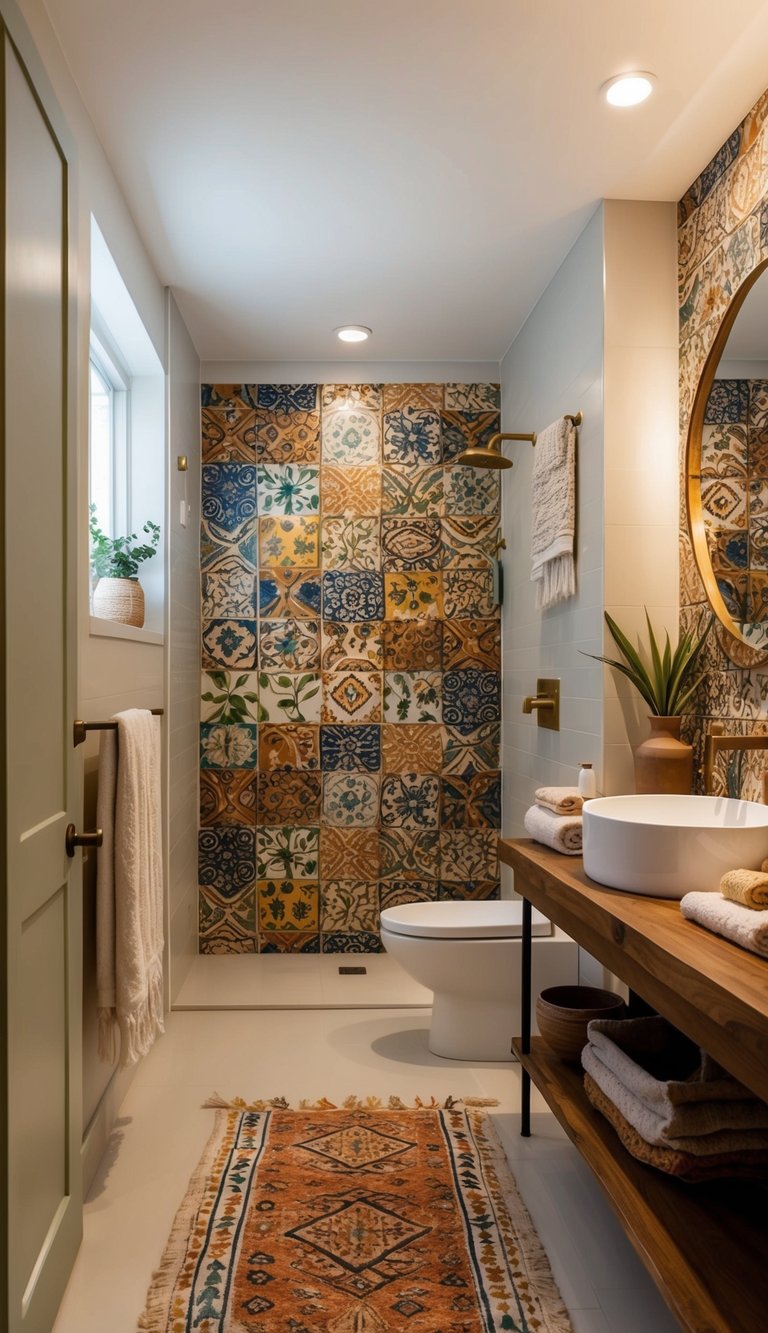 A boho bathroom with vibrant handmade tile backsplash, featuring eclectic patterns and earthy tones for an eclectic vibe