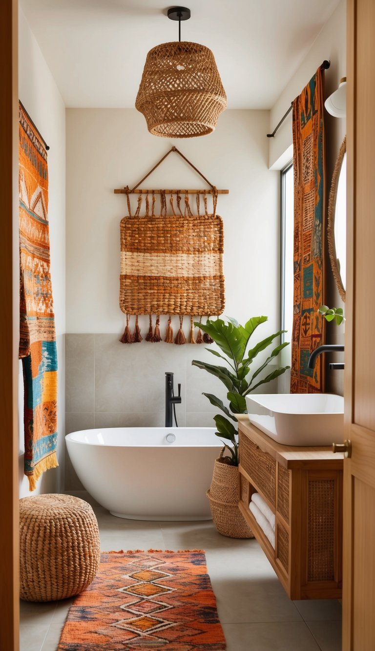 A woven basket wall decor hangs amidst vibrant patterns and earthy tones in a boho bathroom, creating an eclectic and inviting vibe