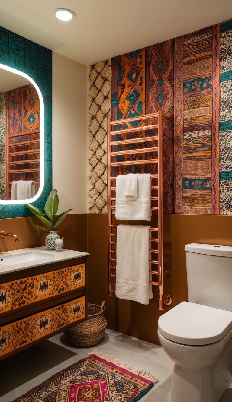 A copper towel rack hangs on a colorful, bohemian bathroom wall, surrounded by vibrant patterns and earthy tones