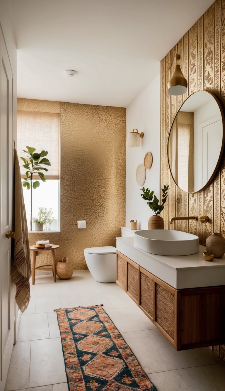 A boho bathroom with metallic wallpaper accent, vibrant patterns, and earthy tones