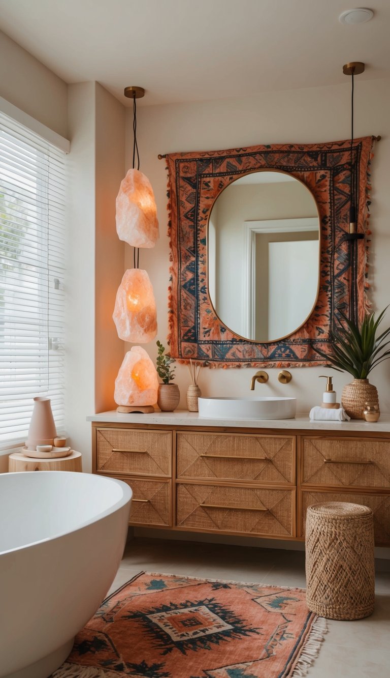 A boho bathroom with Himalayan salt lamps, vibrant patterns, and earthy tones for an eclectic vibe