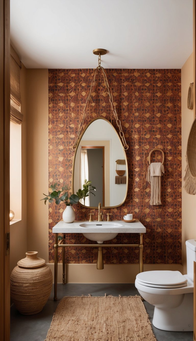 A brass mirror with chains hangs against a vibrant patterned wall in a boho bathroom, surrounded by earthy tones and unique decor