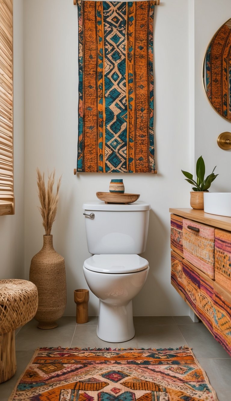 A rustic wood toilet holder surrounded by vibrant patterns and earthy tones, creating an eclectic boho bathroom vibe