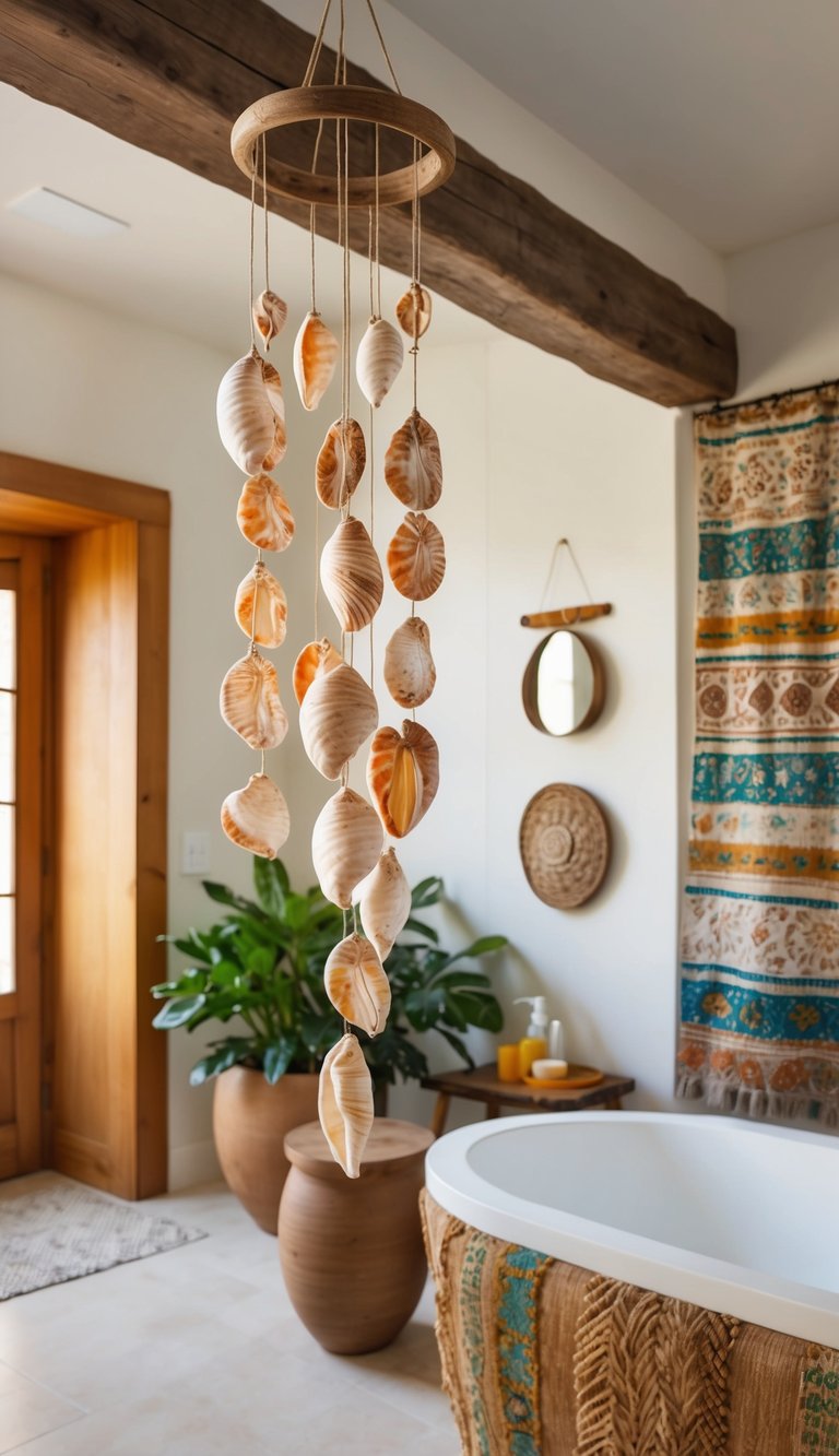 Vibrant shell wind chimes hang from a rustic wooden beam in a boho bathroom adorned with eclectic patterns and earthy tones