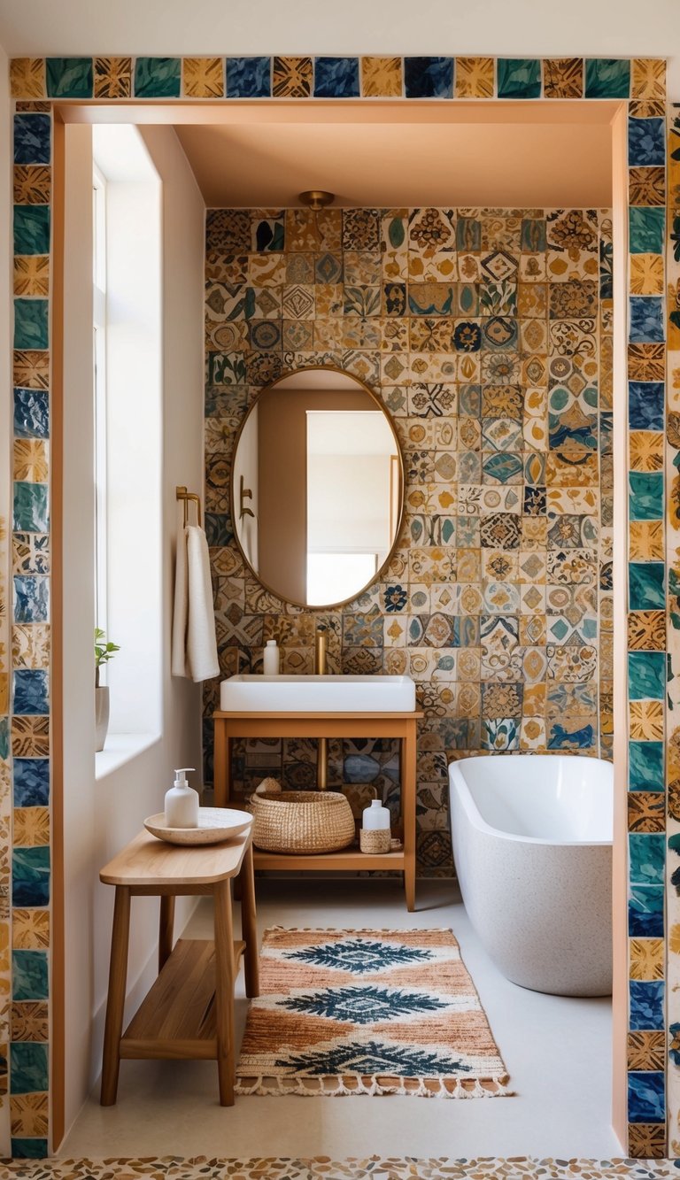 Vibrant tile borders frame a boho bathroom with eclectic patterns and earthy tones