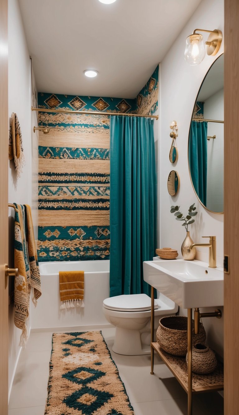 A boho bathroom with teal and gold accessories, vibrant patterns, earthy tones, and unique decor for an eclectic vibe