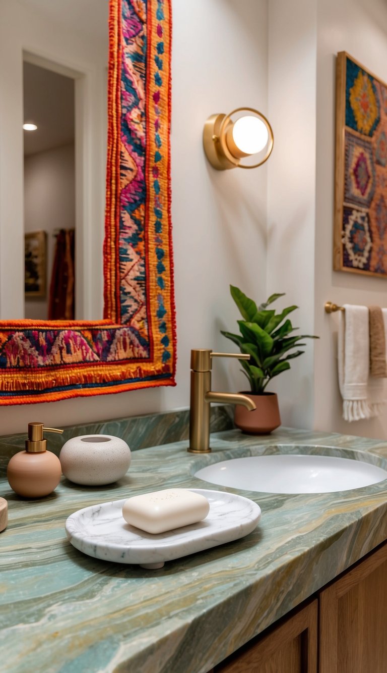 A marble soap tray sits on a boho bathroom counter, surrounded by vibrant patterns and earthy tones for an eclectic vibe