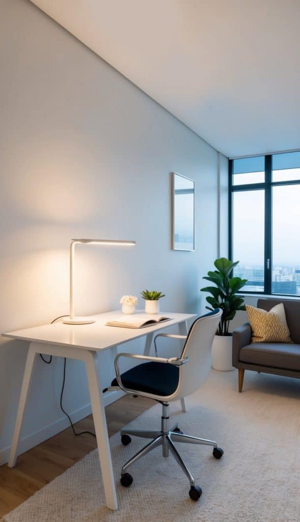 A modern white desk lamp illuminates a sleek, organized home office with minimalistic decor for a bright and airy look