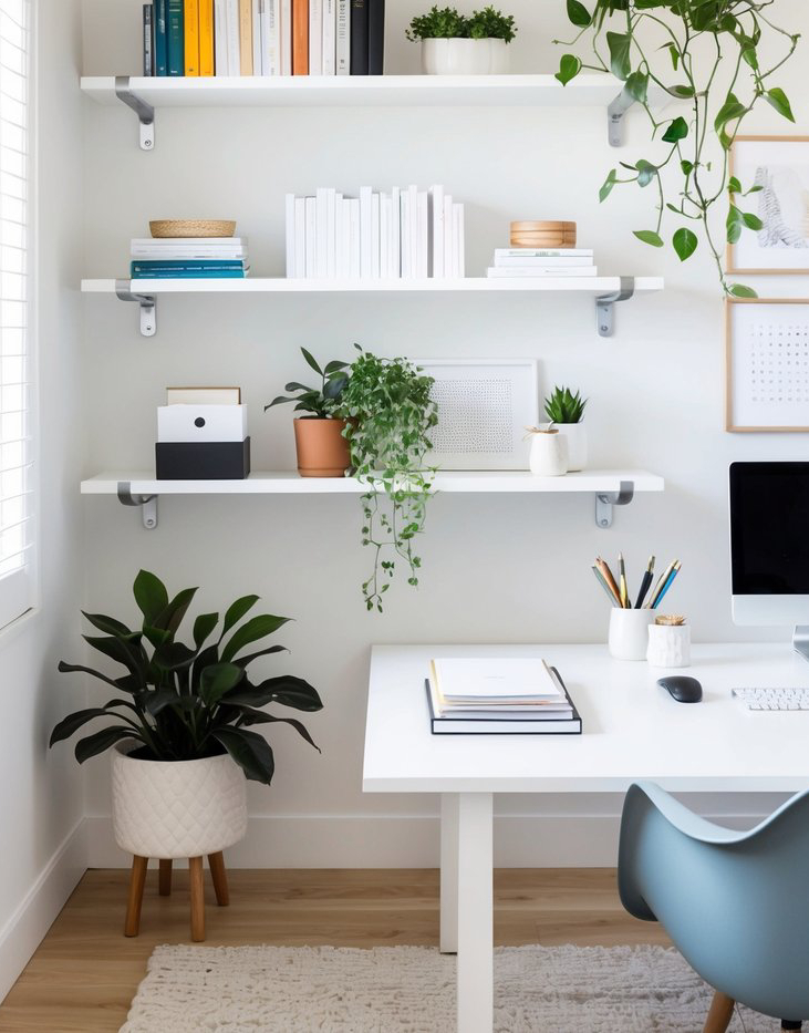 White wall shelves with brackets holding books, plants, and office supplies. Bright, airy home office with minimalistic decor