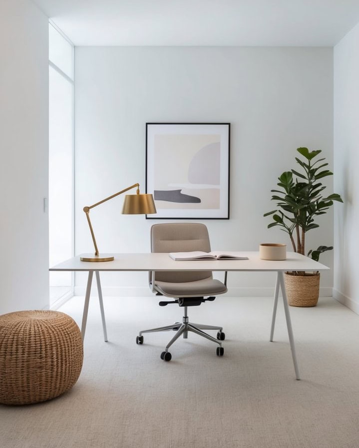 A white overhead lighting fixture illuminates a minimalist home office with a bright and airy atmosphere
