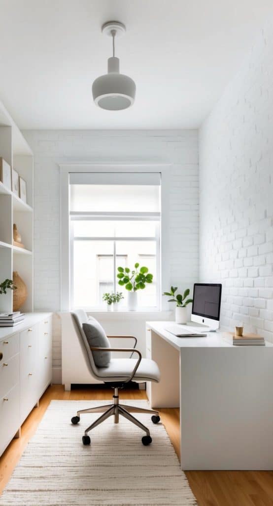 A bright white home office with painted white brick walls, minimal decor, and plenty of natural light