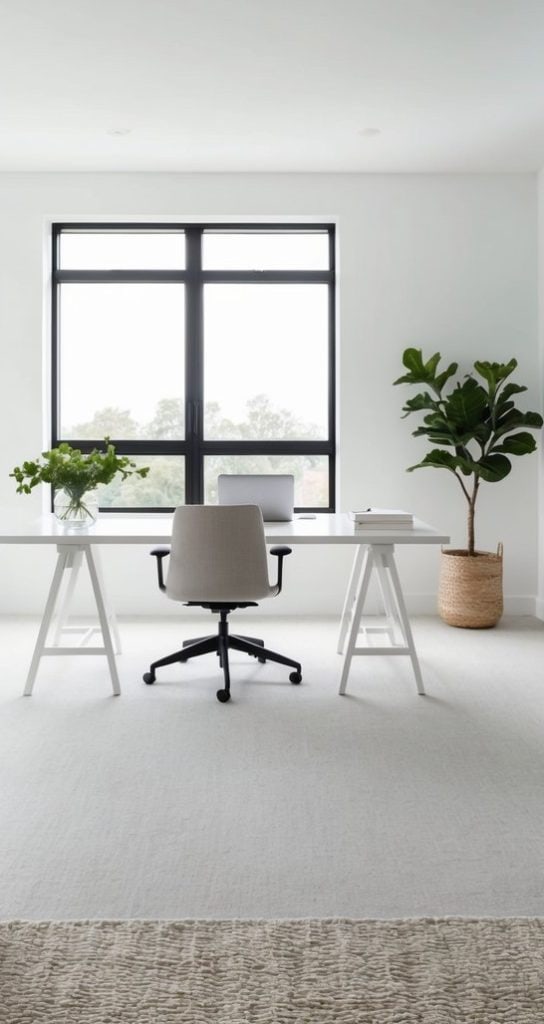 A white trestle desk takes center stage, complemented by clean lines and open space for a serene, clutter-free environment