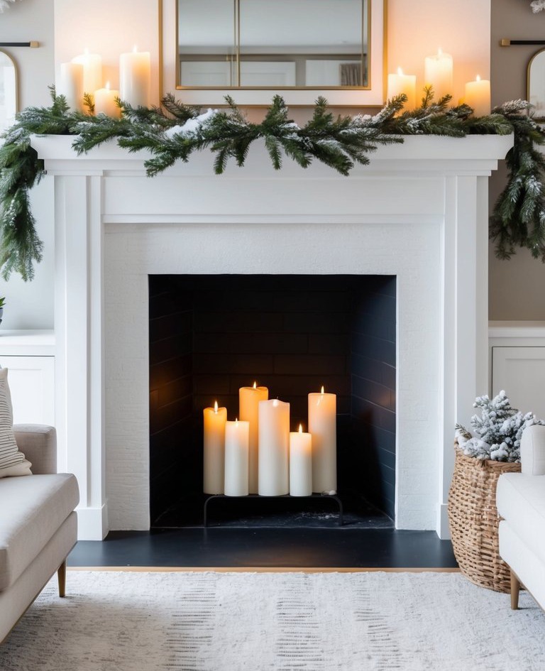 A mantel adorned with an evergreen garland, flickering candles, and snowy accents, creating a cozy and elegant winter scene