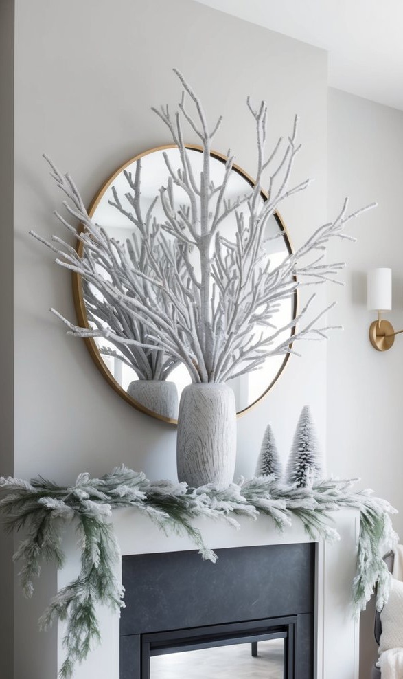 A frosted faux branch vase sits on a winter mantel, surrounded by icy tones and cozy textures for a cozy and elegant atmosphere