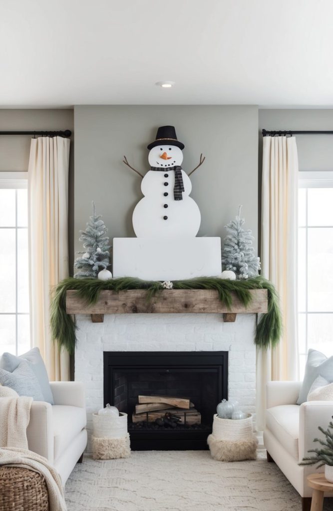 A snowman made of wood stands on a rustic winter mantel, surrounded by elegant icy tones and cozy textures