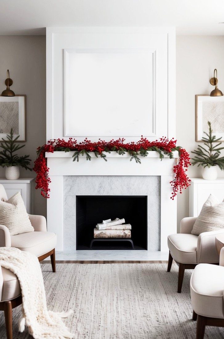 A winter mantel adorned with red berry accents, surrounded by icy tones and cozy textures, creating a sense of elegant coziness