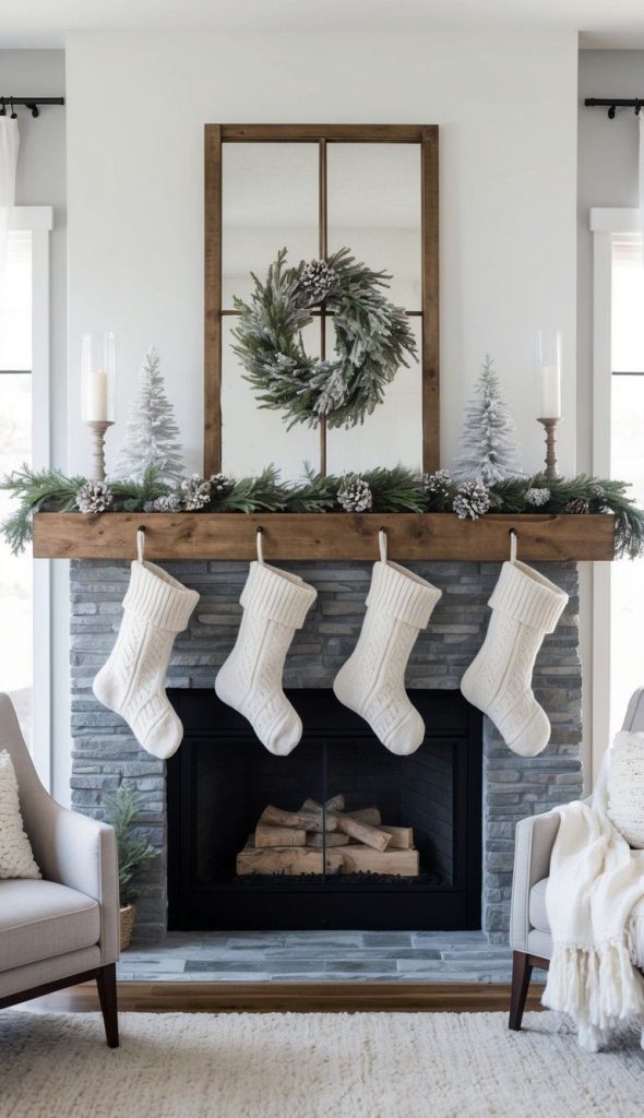 A rustic mantel adorned with ivory knit stockings, surrounded by wintry decor in icy tones and cozy textures