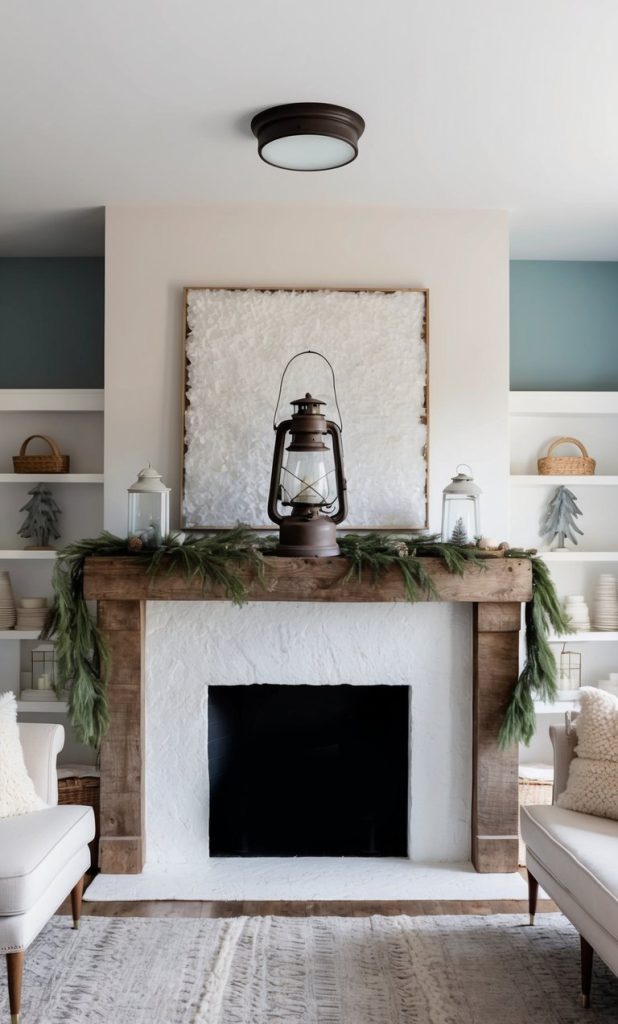 A vintage lantern sits atop a rustic winter mantel, surrounded by icy tones and cozy textures, evoking a sense of cozy elegance