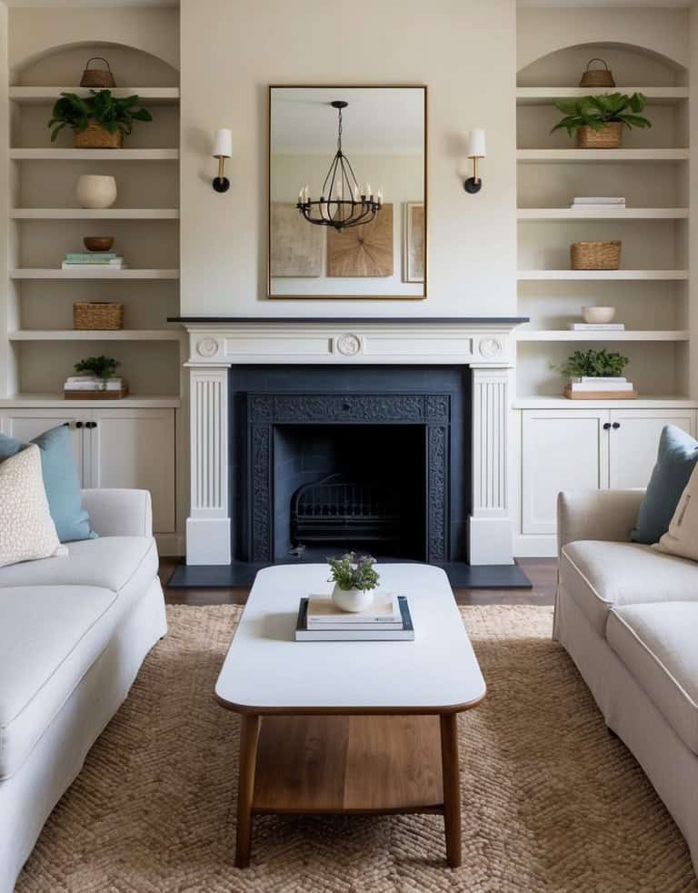 A fireplace paired with built-in arched shelves adds timeless elegance and unique curves and lines to any room. 