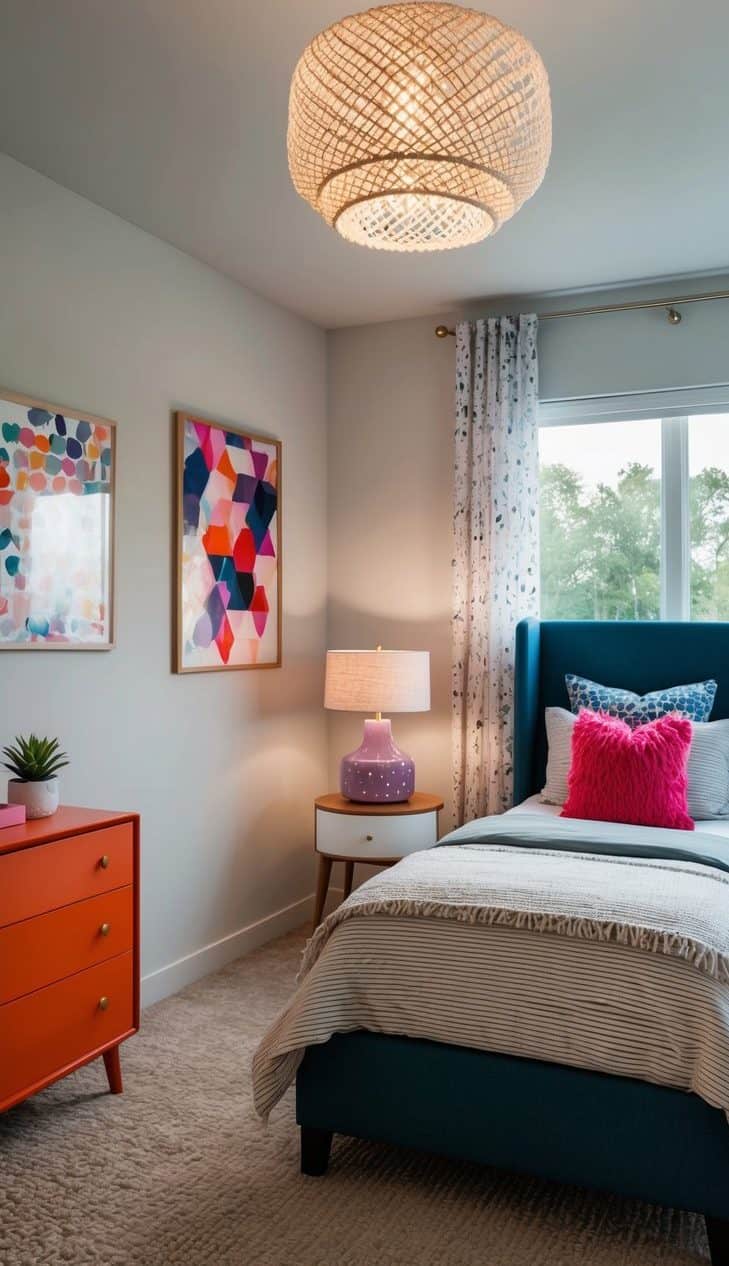 A modern teen bedroom with cozy, trendy decor and a functional layout
