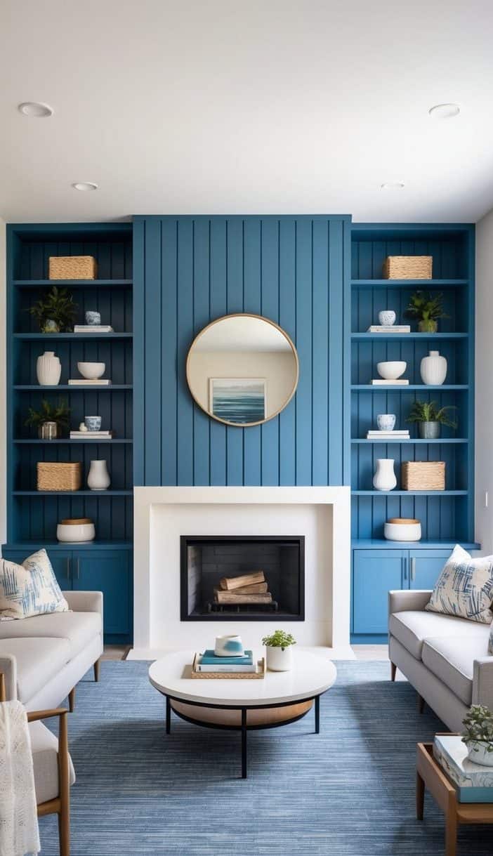 Blue shelves hold practical items in front of a fireplace with built-in shelves