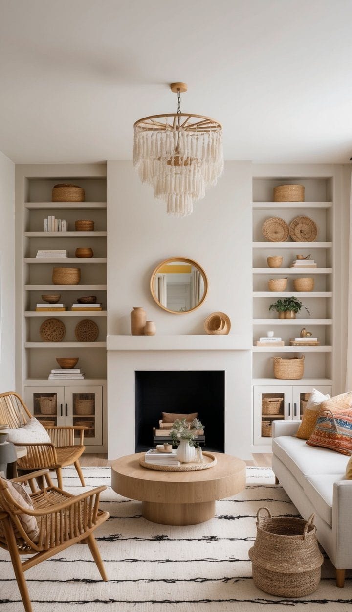 A boho chic open bookcase with fireplace built-ins and shelves for practical storage