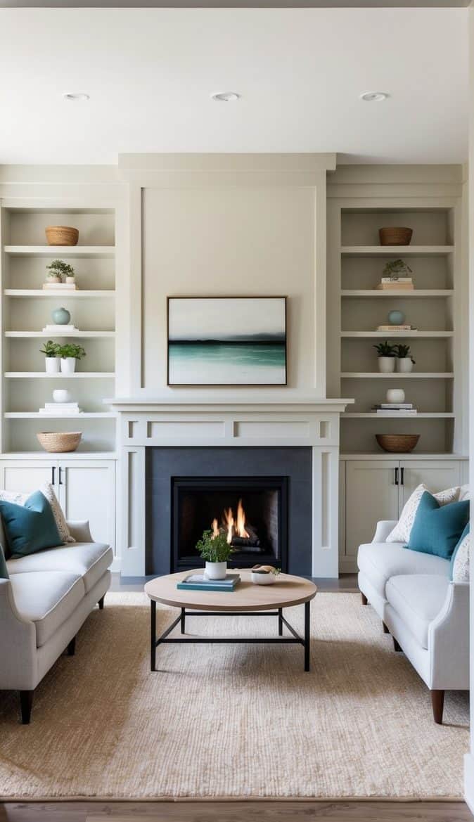 A Craftsman-style shelving system surrounds a fireplace, featuring built-ins and shelves for practical storage