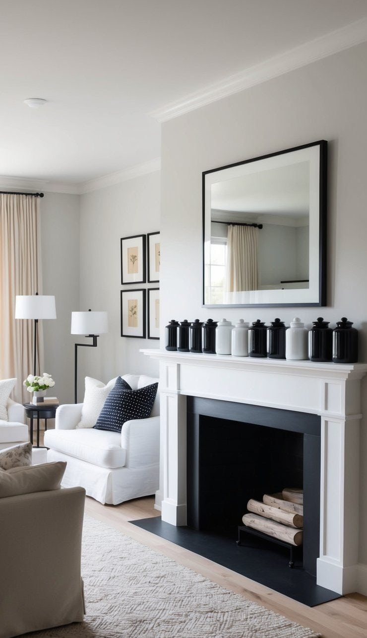 A row of jars arranged on a mantel, alternating between black and white to create a timeless contrast