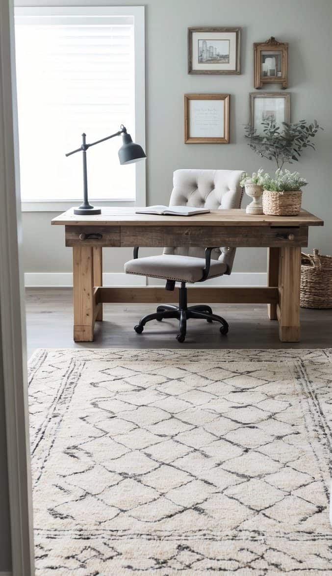 A farmhouse-style area rug sits beneath a reclaimed wood desk and vintage decor in a rustic home office