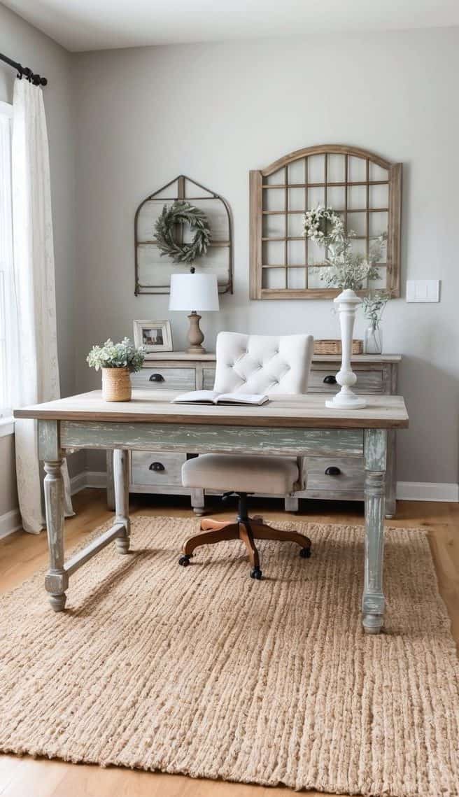 A jute area rug lies beneath a weathered wood desk with vintage decor in a rustic farmhouse home office