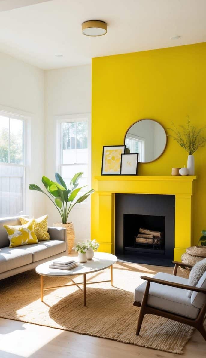 A bright yellow painted fireplace surrounded by various decor and furniture, with sunlight streaming in from a nearby window