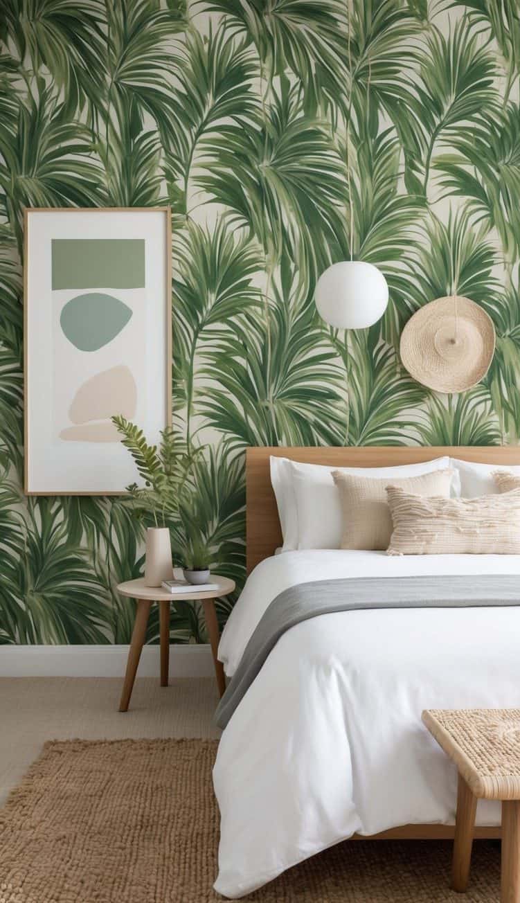 A bedroom with earthy green palm leaf wallpaper, wooden elements, and fresh natural touches