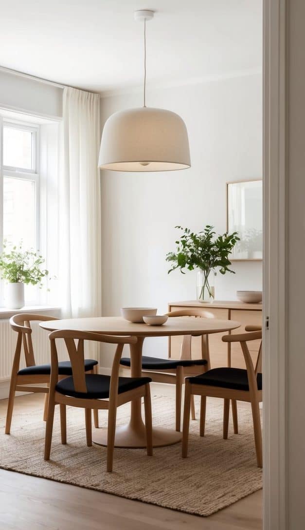 A cozy Scandinavian dining room with a Finn Juhl Dining Armchair 50, featuring light woods and soft tones